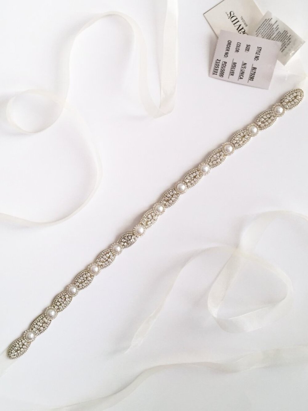 NWT David's Bridal Scalloped Crystal Pearl Bridal Sash Wedding Waist Belt O/S